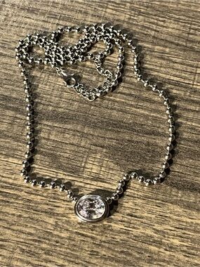 Sterling Silver Beaded Necklace with Oval Clear Crystal Pendant. 17”.